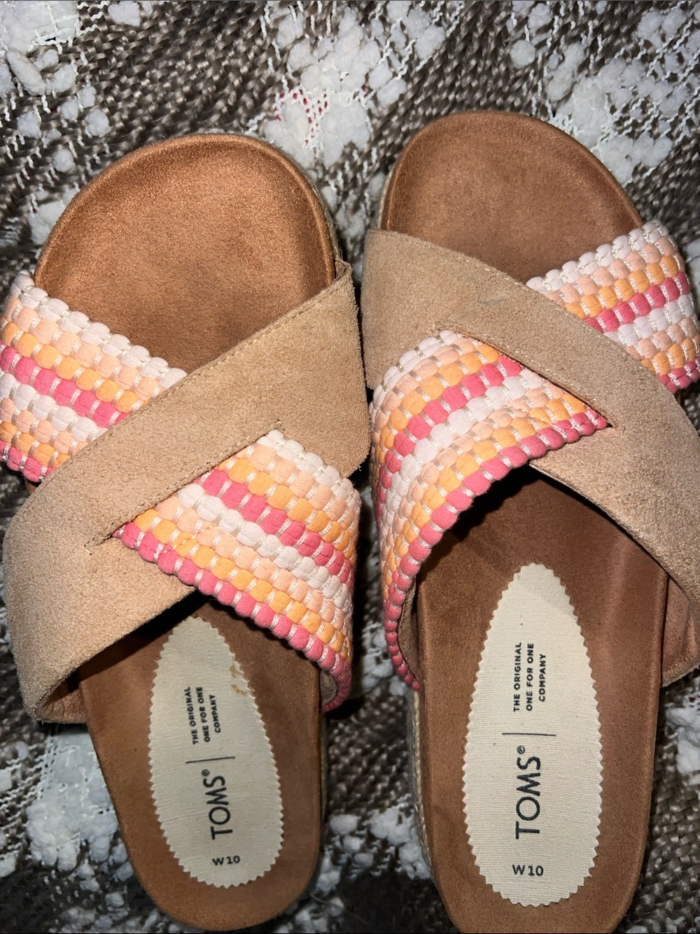 TOMS Tan Slide Sandals with Pink and Peach Woven Straps